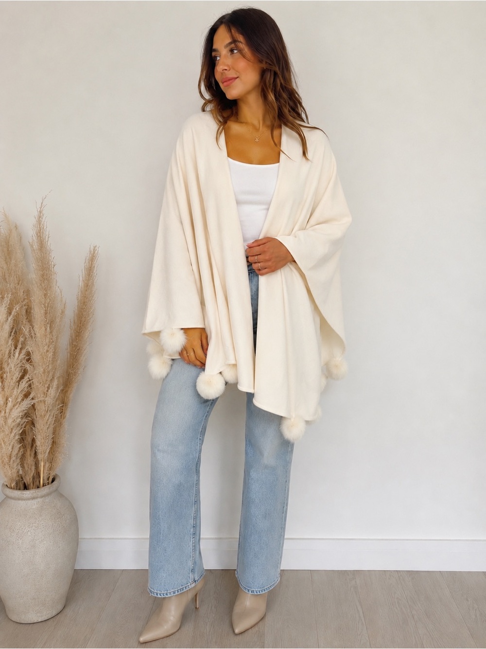 BAYA Paris Vintage Wool & Cashmere Fox Fur Pom Pom Cape Wrap Shawl France Europe - Picture 1 of 10